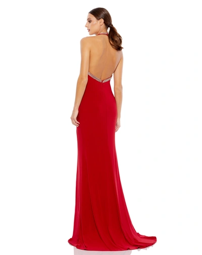 Shop Ieena For Mac Duggal Halter Rhinestone Accented Evening Gown In Red