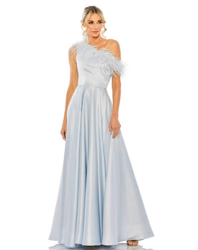 Shop Mac Duggal One Shoulder A Line Gown With Feather Detail In Powder Blue