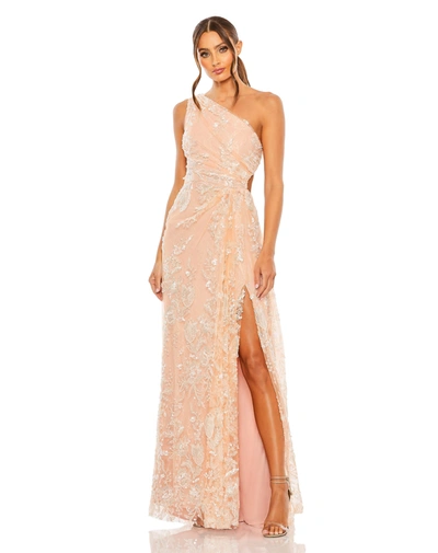 Shop Mac Duggal One Shoulder Side Cut Embellished Gown In Peach