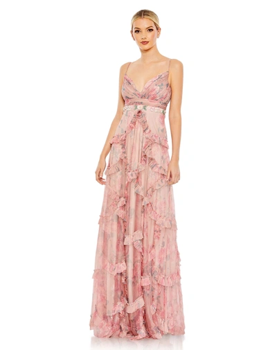 Shop Mac Duggal Ruffled Sleeveless V Neck A Line Gown In Rose Pink