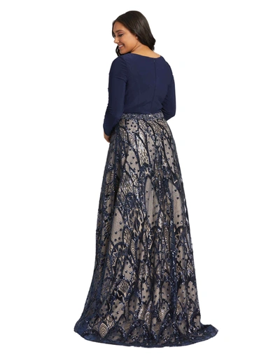Shop Mac Duggal Two Tone Embellished Wrap Over Long Sleeve Gown In Midnight