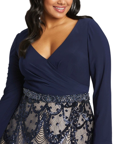 Shop Mac Duggal Two Tone Embellished Wrap Over Long Sleeve Gown In Midnight