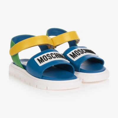 Shop Moschino Baby Baby Boys Blue Leather Logo Sandals