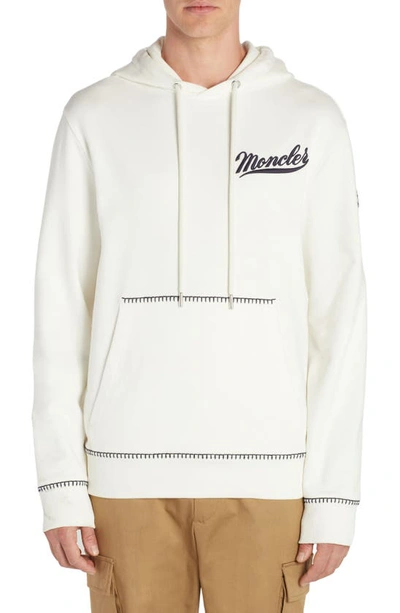 Shop Moncler Logo Embroidered Cotton Fleece Hoodie In White