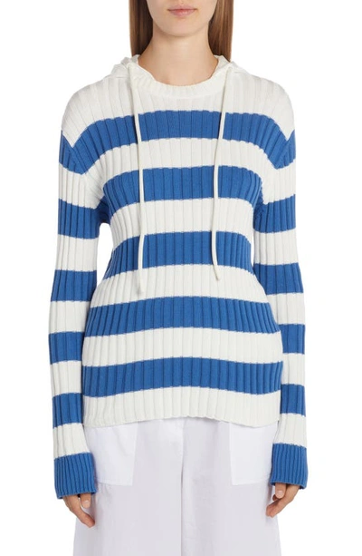 Shop Moncler Stripe Cotton Hooded Sweater In Blue/ White Multi