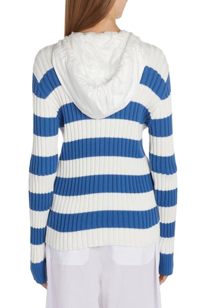 Shop Moncler Stripe Cotton Hooded Sweater In Blue/ White Multi