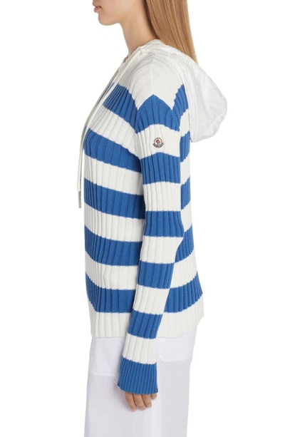 Shop Moncler Stripe Cotton Hooded Sweater In Blue/ White Multi