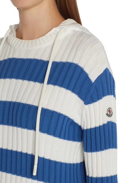 Shop Moncler Stripe Cotton Hooded Sweater In Blue/ White Multi