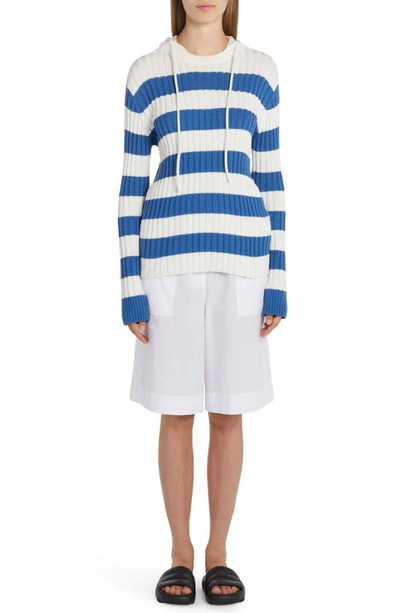 Shop Moncler Stripe Cotton Hooded Sweater In Blue/ White Multi