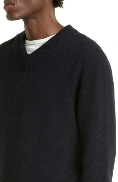 Shop Sunspel V-neck Lambswool Sweater In Dark Navy Mouline