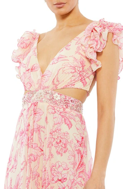 Shop Mac Duggal Floral Print Cutout Chiffon Gown In Pink Multi