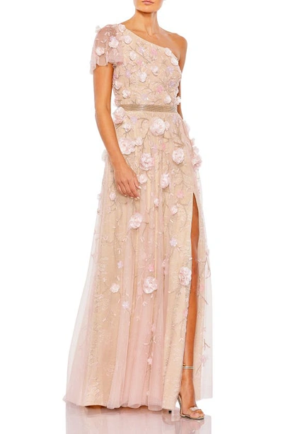Shop Mac Duggal Floral Appliqué One-shoulder Gown In Blush Gold