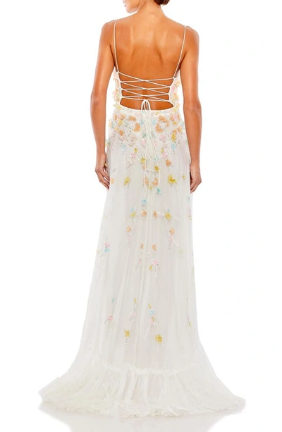 Shop Mac Duggal Ruffle Lace-up Back High-low Tulle Gown In White Multi