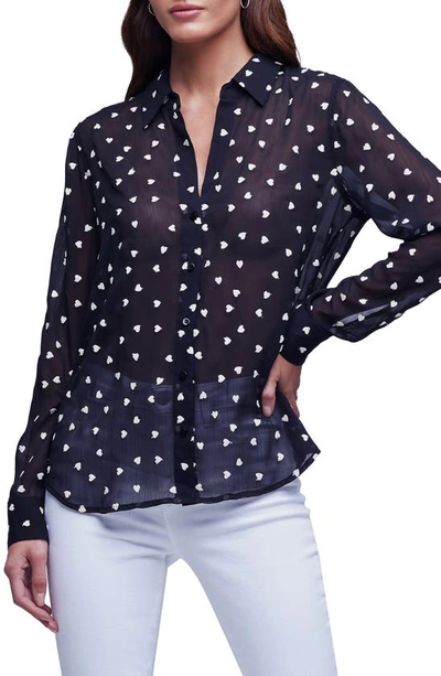 Shop L Agence Laurent Heart Print Blouse In Black/ Ivory Heart Embroidery