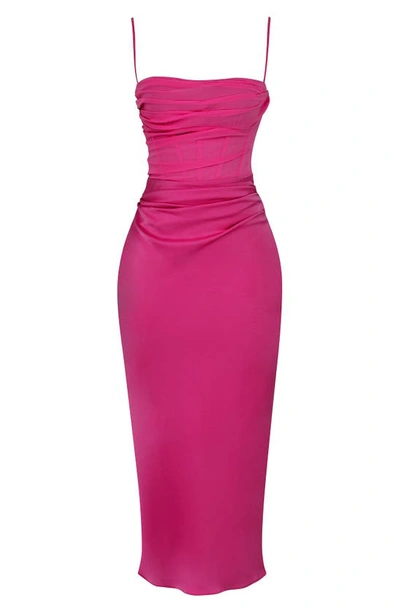 Shop House Of Cb Teia Mixed Media Satin Georgette Midi Dress In Hot Pink