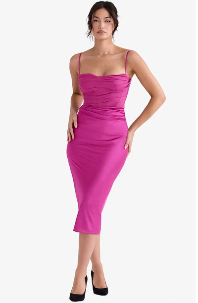 Shop House Of Cb Teia Mixed Media Satin Georgette Midi Dress In Hot Pink