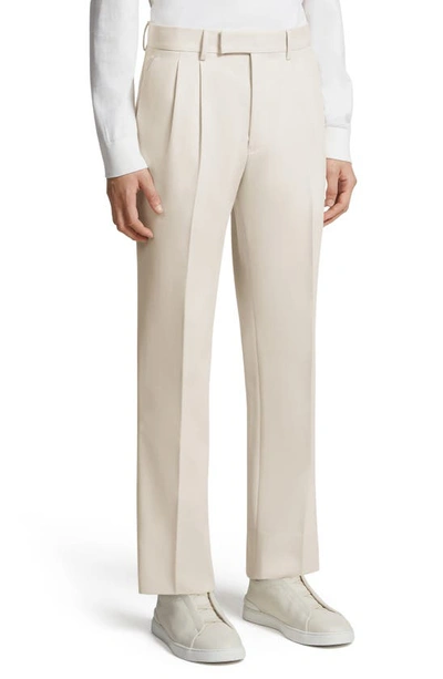 Shop Zegna Pleated Cotton & Wool Trousers In Neutral