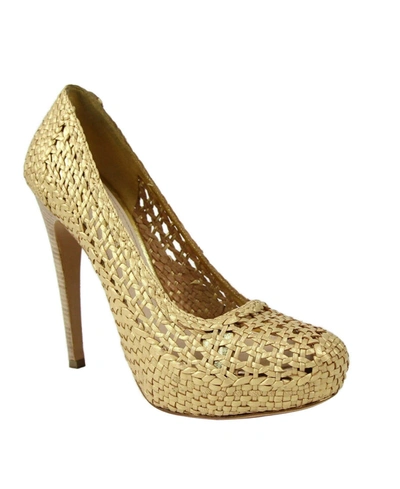 Shop Prada Women's Metallic Leather Woven Platform Heel In Gold