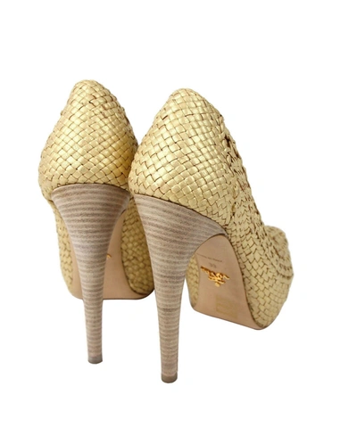 Shop Prada Women's Metallic Leather Woven Platform Heel In Gold