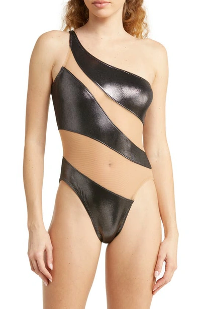 Shop Norma Kamali Snake Mesh One-shoulder Swimsuit In Beige/ Gunmetal