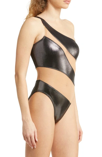Shop Norma Kamali Snake Mesh One-shoulder Swimsuit In Beige/ Gunmetal