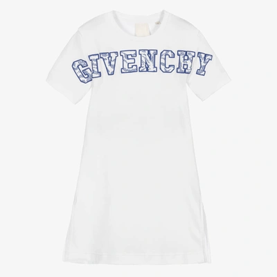 Shop Givenchy Girls White & Blue Cotton Logo Dress
