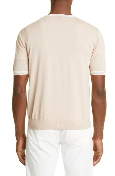 Shop Eleventy Stripe Trim Short Sleeve Cotton Sweater In Dusty Pink - White