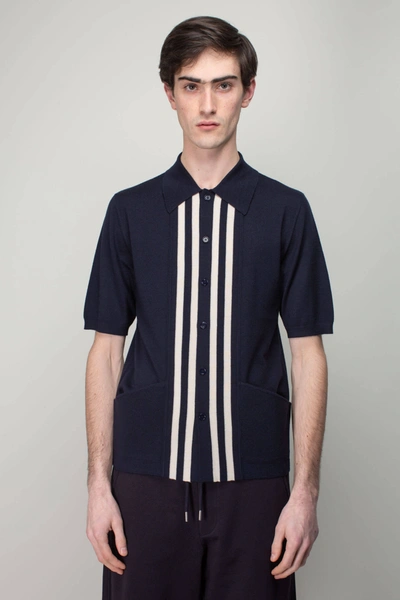 Dries Van Noten Maarten Stripe Knit Short Sleeve Wool Button-up