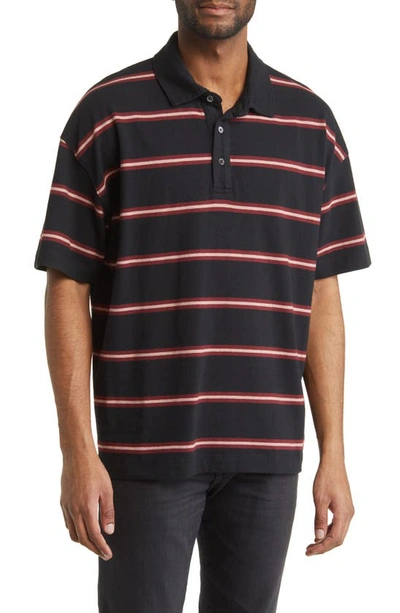Shop Allsaints Arden Stripe Polo In Black/ Red/ Ashed Pink