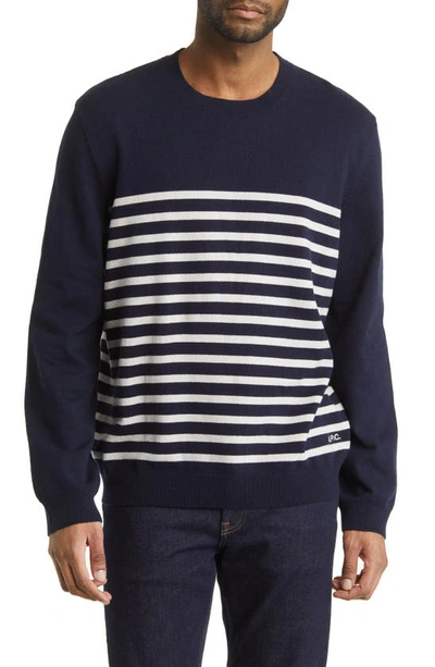 Shop Apc Pull Matthew Stripe Recycled Cashmere & Cotton Crewneck Sweater In Dark Navy