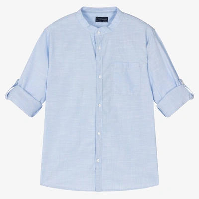 Shop Mayoral Nukutavake Boys Blue Cotton Collarless Shirt