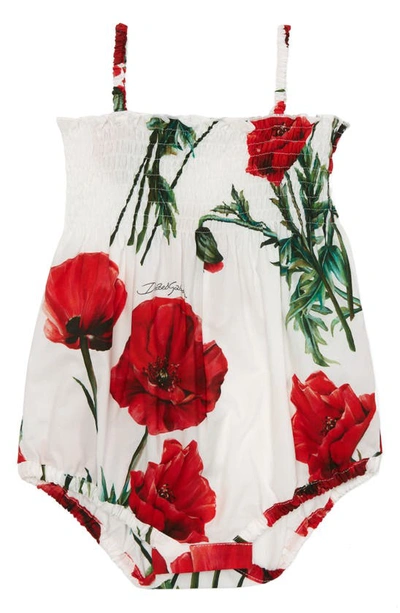 Shop Dolce & Gabbana Smocked Poppy Print Cotton Bodysuit In Multiprint