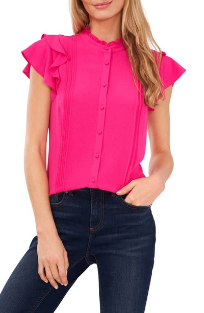 Cece Pintuck Ruffle Short Sleeve Blouse In Bright Rose