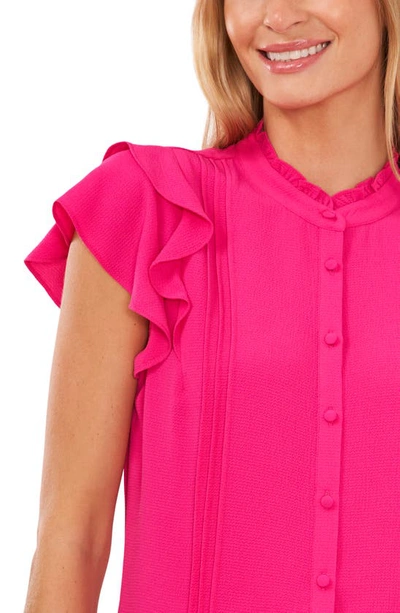 Cece Pintuck Ruffle Short Sleeve Blouse In Bright Rose