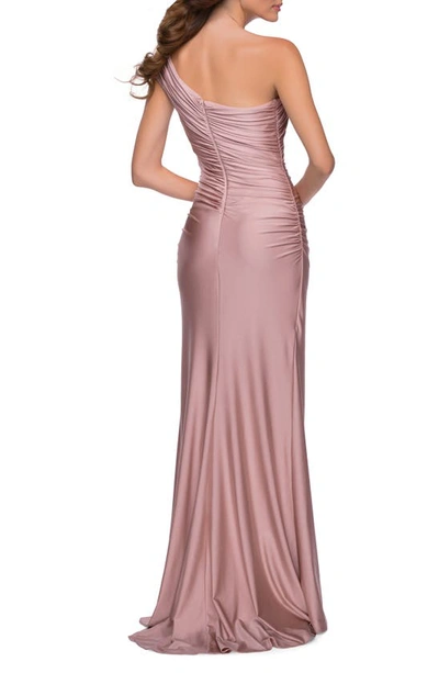 Shop La Femme One-shoulder Shiny Jersey Gown In Mauve