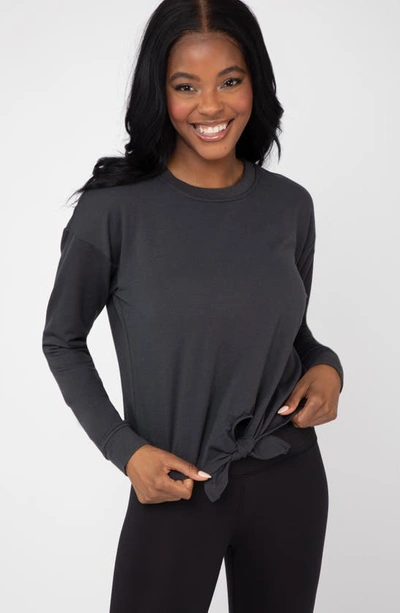 90 Degree By Reflex Brushed Terry Tie Hem Pullover In Charcoal