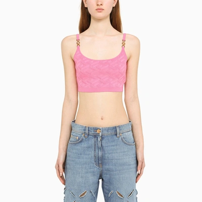 Versace La Greca Jacquard Knit Cropped Top In Pink
