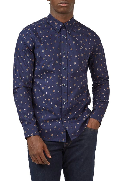 Shop Ben Sherman Regular Fit Floral Cotton Button-down Shirt In Marine