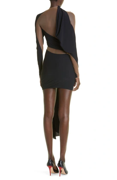 Shop Mugler Asymmetric Illusion Mesh Long Sleeve Jersey Minidress In Black Nude 1