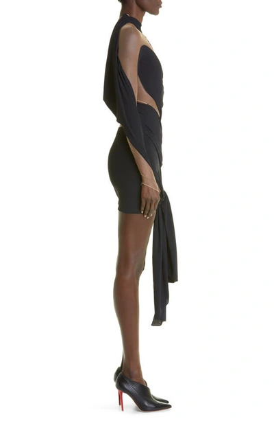 Shop Mugler Asymmetric Illusion Mesh Long Sleeve Jersey Minidress In Black Nude 1