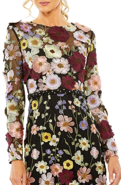 Mac Duggal Floral Embroidered Long Sleeve Cocktail Dress In Black Multi