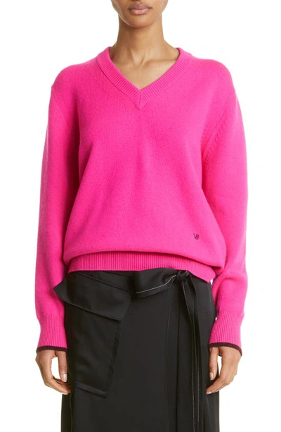 Shop Victoria Beckham Tipped V-neck Cashmere Sweater In Pink