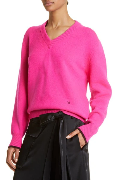 Shop Victoria Beckham Tipped V-neck Cashmere Sweater In Pink