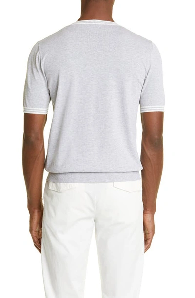 Shop Eleventy Stripe Trim Short Sleeve Cotton Sweater In Light Gray - White