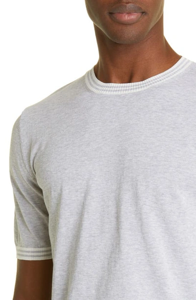 Shop Eleventy Stripe Trim Short Sleeve Cotton Sweater In Light Gray - White