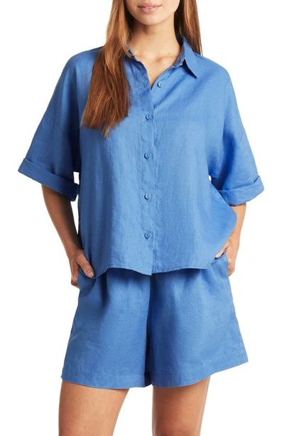 Shop Sea Level Tidal Resort Linen Cover-up Button-up Shirt In Cornflower