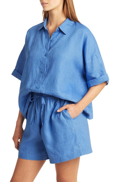 Shop Sea Level Tidal Resort Linen Cover-up Button-up Shirt In Cornflower