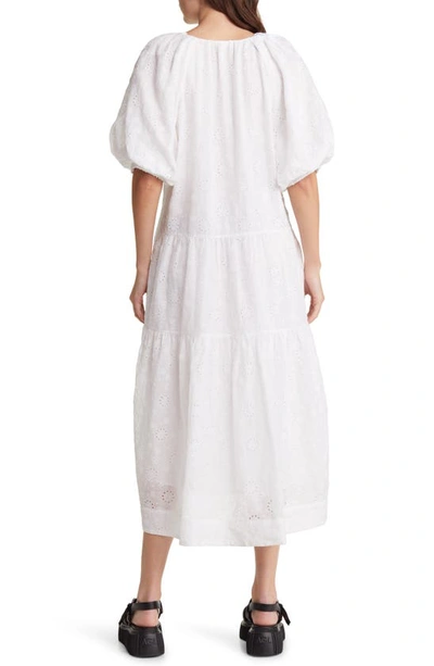 Shop Frame Puff Sleeve Eyelet Midi Dress In Blanc