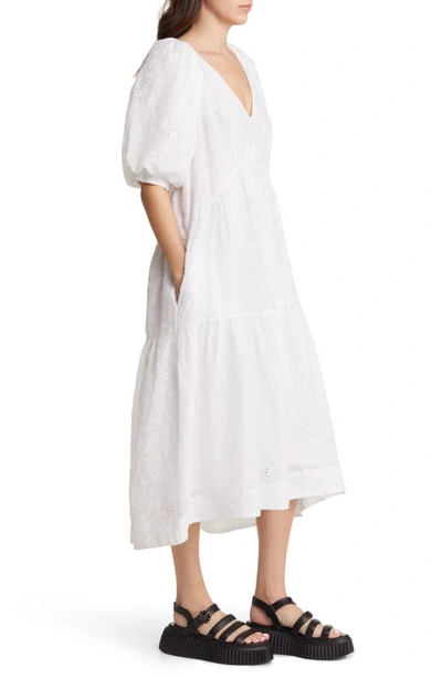 Shop Frame Puff Sleeve Eyelet Midi Dress In Blanc
