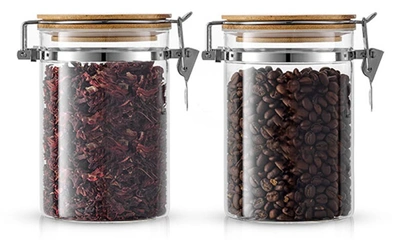Joyjolt Set Of 2 Glass Storage Jars With Airtight Bamboo Clamp Lids In Clear